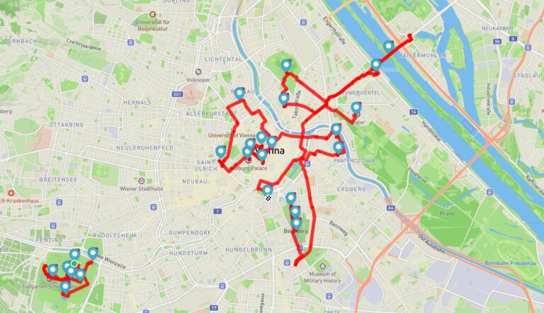 Navštívené turistické body ve Vídni, mapa kompletní ukázky navštívených míst