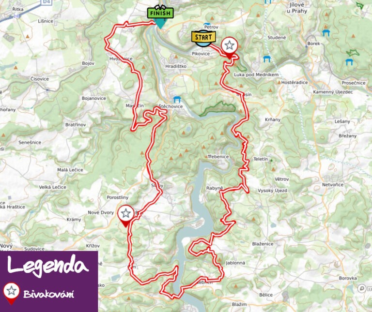 Detailní mapa bivakování podél Sázavy a Vltavy s body kde je možné spát